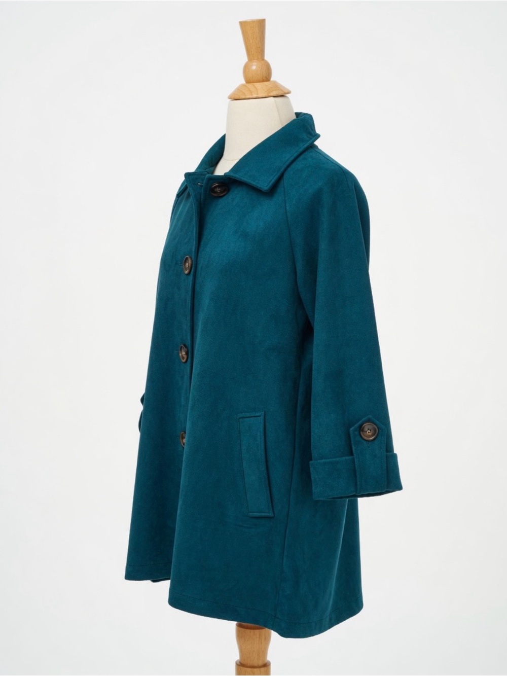 Boho Chic Teal Suede Button Swing Coat - Picture 3 of 8